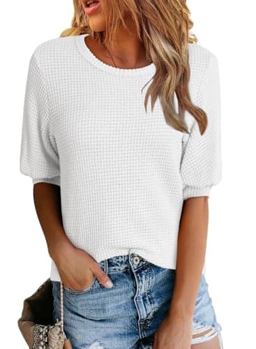 Dokotoo Womens Short Sleeve Tops Crewneck Knit Pullover Tops 2026 Summer Casual Lightweight Waffle Blouse Shirt Fashion Lantern Sleeves Oversized White Tee Top Large - Image 1