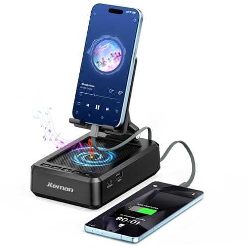 Jteman Cell Phone Stand Bluetooth Speaker with Built-in Cables,Foldable Adjustable Holder,All-in-One Audio Stand for iPhone Android,Birthday Gifts for Men Women - Image 1