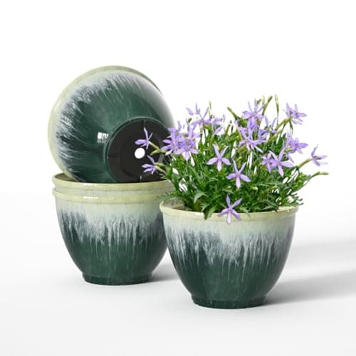 Flower Pots, 8 Inch Plastic Plant Pots for Plants, Set of 4 Planter for Indoor Outdoor Plants with Drainage Hole, Sleek Small Nursery Planting Pot for Home Garden Outdoor Planters(Green Glaze) - Image 1