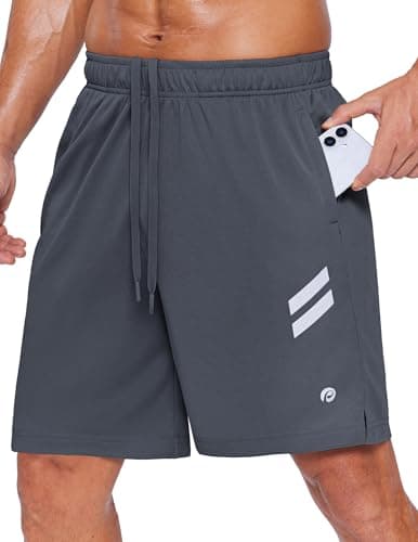 PINSPARK Men's 7 Inch Athletic Gym Shorts, Breathable Quick Dry Workout Running Shorts with Zipper Pockets Dark Gray - Image 1