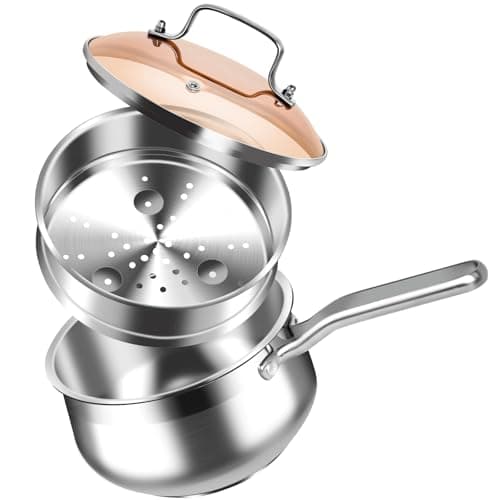 WANGYUANJI 2.5 Quart Stainless Steel Saucepan with Steamer Insert, 2-in-1 Sauce Pot with Lid & Steamer Basket, Tri-Ply Bottom Induction Cookware for Boiling, Soup, Milk, Silver - Image 1