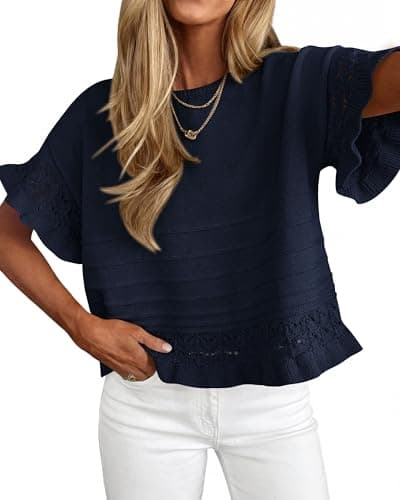 KIRUNDO Short Sleeve Sweater for Women 2026 Spring Summer Tops Crochet Round Neck Ruffled Hem Knit Pullover Casual Blouse(Navy Blue, Small) - Image 1