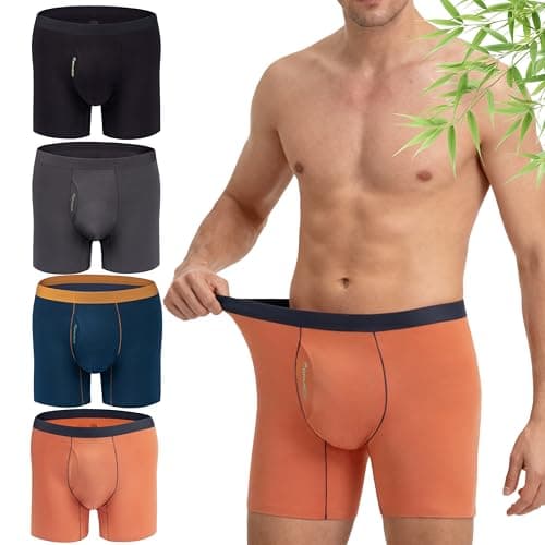LUBOT Mens Underwear Bamboo Viscose Boxer Briefs Men Breathable Soft Wicking-Moisture Comfy Underwear with Support Pouch Fly 4 Pack (Black/Gray/Blue/Orange,2XL) - Image 1