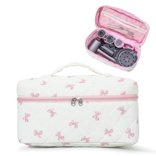 Large Quilted Hair Tools Travel Bag with Top Handle, Cute Portable Cotton Floral Organizer Case for Hair Dryer, Curling Iron & Styling Accessories, Home & Travel Use, Ideal Gift for Women & Girls