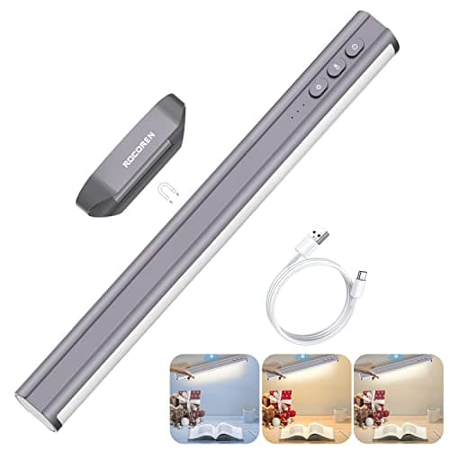 Rocoren Cordless Under Cabinet Lighting, Magnetic Closet Light, 5W Desk Lamp, Dimmable, Button Control, Adjustable Color Temperature/Brightness, Rechargeable USB-C Powered Cabinet Lights (Gray) - Image 1