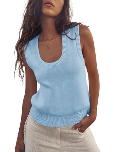 Saodimallsu Womens Summer Sweater Vest Sleeveless Ribbed Knit Tank Tops Going Out Casual Basic Scoop Neck Tshirt Light Blue - Image 1