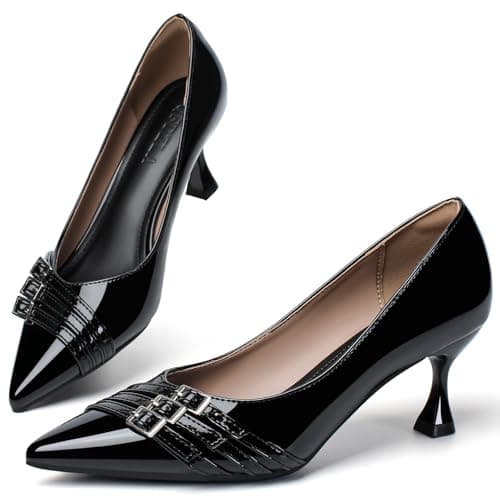 Women's Kitten Heels Leather Comfortable Closed Toe Pointed Toe Pumps Stiletto Heeled Dress Shoes for Women Classic Wedding Party Work Pump Shoes Black Size 7.5 - Image 1