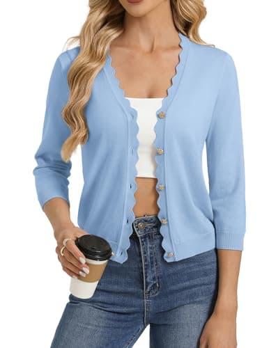 GRACE KARIN Womens Blue Cropped Cardigan Sweater, 3/4 Sleeve Lightweight Shrugs Trendy, Business Casual Spring Outfit - Image 1