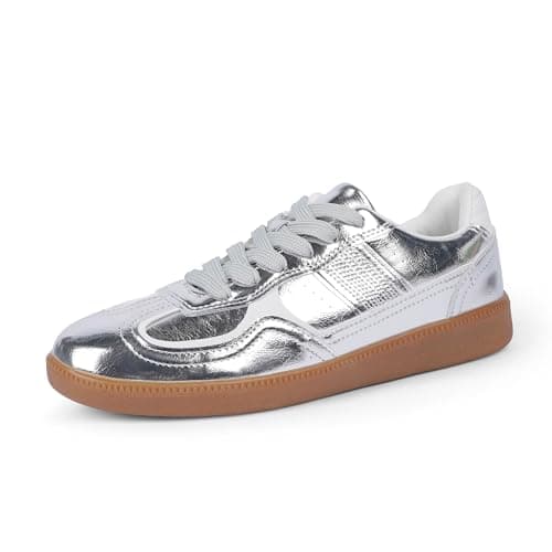 Tigeridea Silver Sneakers for Women Flat Fashion Womens Sneakers Rounded Toe LCE up Causal Tennis Shoes Women Dressy Work Shoes Women Size 7.5 - Image 1