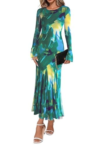 Lazysmile Women's Long Sleeve Floral Maxi Dresses Fall Formal Crewneck Bodycon Mesh Ruffle Wedding Guest Cocktail Party Dress Green - Image 1
