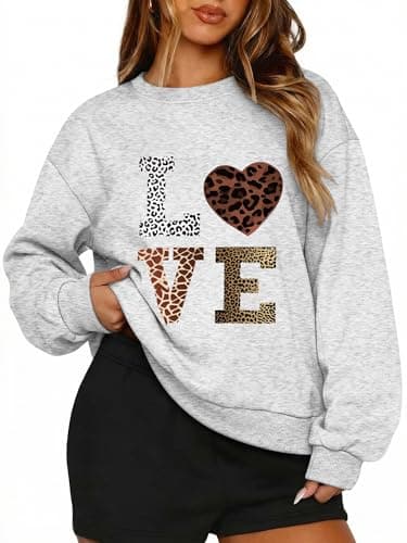 PEFYERVERY Women’s Sweatshirt Loose Fit Crewneck Pullover Streetwear Love Leopard Print Graphic Embellished Hip-Hop Y2k Street Oversize Style Gray S - Image 1