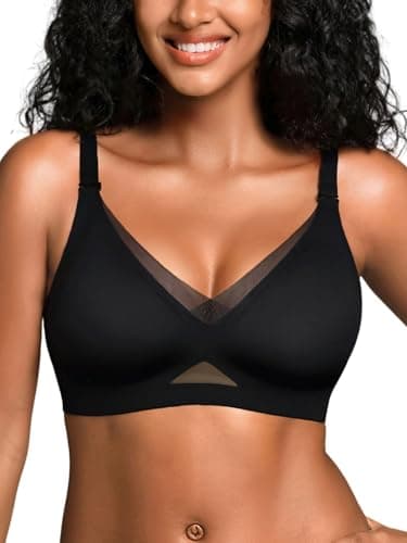 Cuteio Wireless Bras for Women No Underwire, Seamless V Neck Mesh Bralette with Support, Everyday Full Coverage Comfortable Bra Black - Image 1