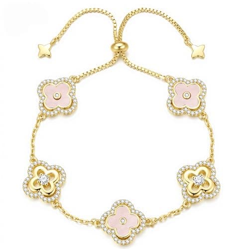 Turandoss Gold Clover Bracelets for Women - Dainty 14K Gold Plated CZ Pendant Bracelets Pink Four Leaf Clover Pendant Bracelet Lucky Pink Charm Bracelet Lucky Birthday Gifts for Women - Image 1