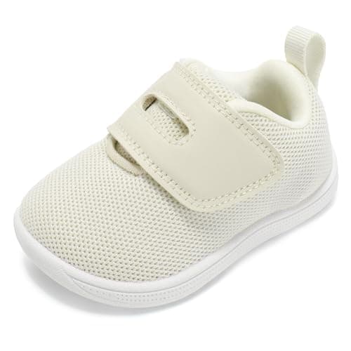 STQ KIDS Toddler Wide Toe Box Shoes Girl Boy First Walking Sneakers Barefoot Non-Slip Infant Shoe Beige White Size 12-18 Months - Image 1