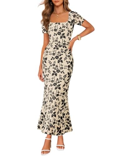 MEROKEETY Women's Summer Floral Bodycon Maxi Dress 2026 Square Neck Short Sleeve Mesh Wedding Guest Cocktail Party Dresses, Apricot, X-Large - Image 1