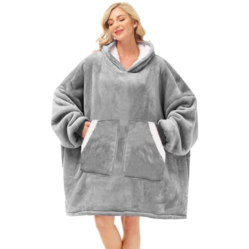 Kipswiza Oversized Wearable Blanket Hoodie, Cozy Fluffy Sherpa Fleece Hooded Blankets Sweatshirt Gifts for Women Men Friends, Light Grey - Image 1
