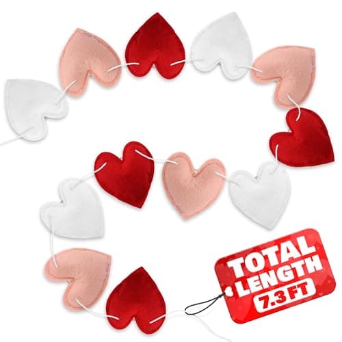Felt Heart Garland Decorations with 3D Felt Hearts – Adjustable Spacing on 7.3 FT String for Fireplace, Wall or Shelf Styling – Heart Garland for Mantle in Pink, Red and White with 16 Sliding Hearts - Image 1