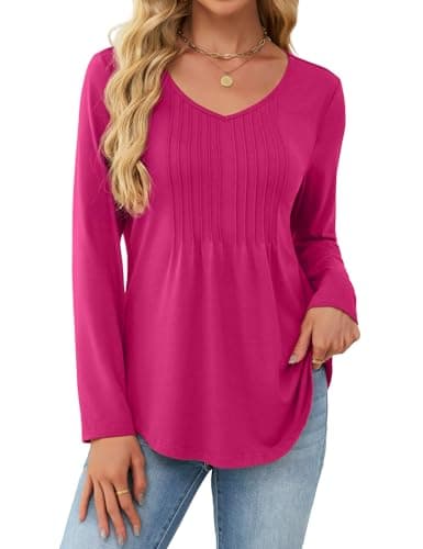 JUSTFASHIONNOW Long Sleeve Tops for Women Winter Shirts V Neck Trendy Casual Tunic Ladies Pleated Blouse Business Dressy Outfits Tops for Leggings (Rose Red, Small) - Image 1