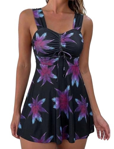 Hilor Women's Swimsuits 2026 Tankini Bathing Suits with Skirt-Tummy Control Swimwear Two Piece Swim Dress Tankini Sets Black&Purple Feather US12-14 - Image 1