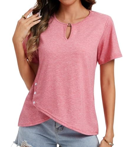 MFAVIP Womens Short Sleeve 2026 T-Shirts Crew Neck Summer Tops Casual Basic Trendy Cutout Tee Button Asymmetric Hem Pink - Image 1