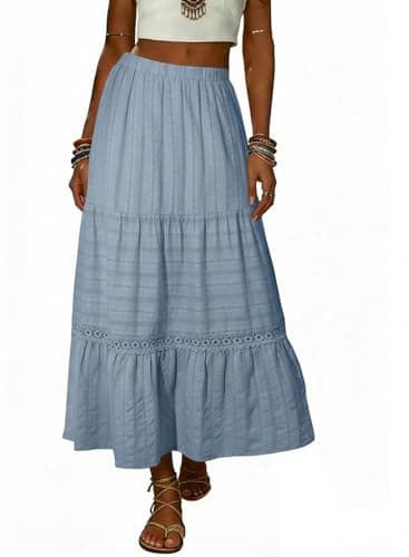 BLENCOT Women's Boho Tiered Maxi Skirt Cotton Gypsy Hippie Style Crochet Lace Long Skirts for Women Vacation and Beach 2X-Large Blue - Image 1