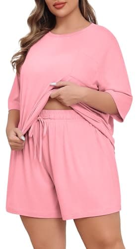 Lastshe Pajamas Set Women's Plus Size 2 Piece Soft Short Sleeve with Pockets Shorts Sleepwear Knit Pjs Loungewear Summer,Pink Red,2X - Image 1