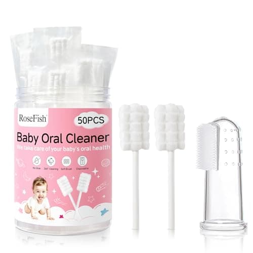 RoseFish 50Pcs Baby Tongue Cleaner for 0-36 Month No Glue Disposable Baby Mouth Oral Cleaner Infant Toothbrush Gum Cleaner 3D Soft Infant Tongue Cleaner+1PCS Finger Toothbrush - Image 1