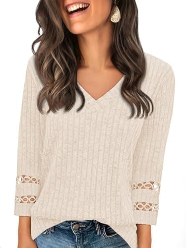 Tankaneo Womens 3/4 Length Sleeve Lace Tops V Neck Dressy Casual T-Shirt 2025 Ribbed Fall Tee Blouse Apricot - Image 1