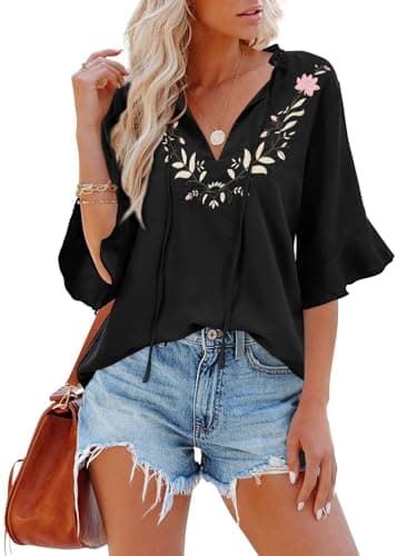 Womens Summer Tops 3 4 Sleeve Women Blouses Casual Boho Top Spring Floral Short Sleeve Shirts Vacation Black S - Image 1