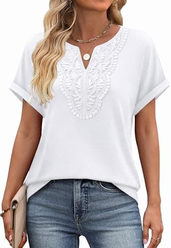 Womens Tops Trendy Boho Short Sleeve Shirts Business Casual Outfits Plus Size White Blouse Dressy Casual Fashion Clothes Travel XL - Image 1