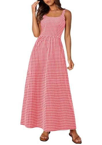 PRETTYGARDEN Women's 2026 Summer Spaghetti Strap Maxi Dresses Plaid Square Neck A Line Casual Beach Vacation Long Sundress (Brilliant Red,Large) - Image 1