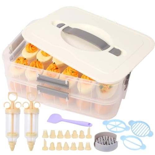 2-Layer Deviled Egg Containers With Lid,36pcs Easter Deviled Egg Tray Carrier with Handl Injector Piping Tool,Portable Stackable Egg Holder Platter Holder Organizer for Refrigerator Party Picnic Event - Image 1