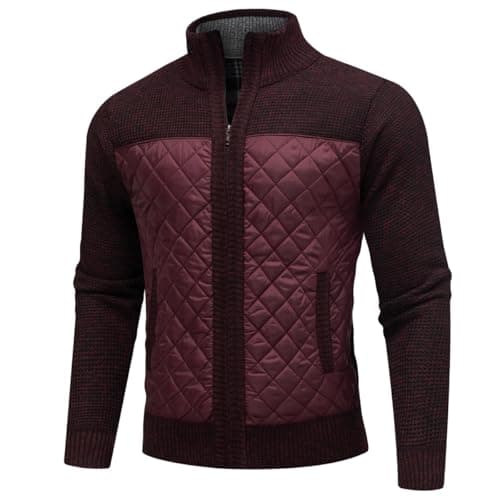 AKuVoL Cardigan Sweaters for Men Full Zip Stand Collar Slim Fit Long Sleeve Knitted Chunky Sweater with Pockets Wine Red L - Image 1
