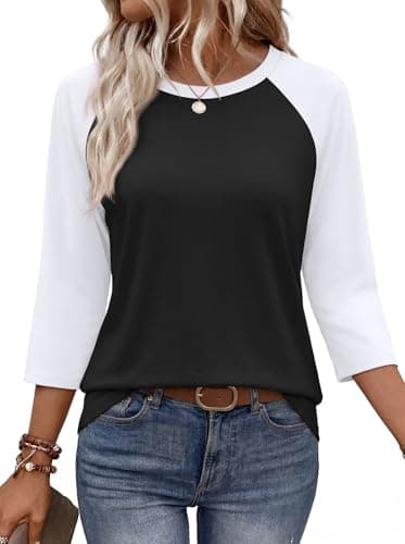 3/4 Length Sleeve Womens Tops Plus Size Baseball Shirt Spring Summer Outfits Fashion Clothing Elbow Length Tees Women's T-Shirts Blouses White XL - Image 1