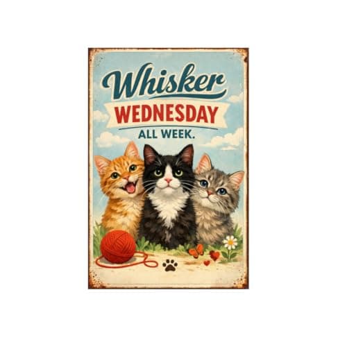 Whisker Wednesday All Week Vintage Tin Sign Funny Cat Wall Decor Retro Kitten Illustration Metal Plaque Cute Animal Art Home Office Wall 8x12 Inch Pre Drilled Holes - Image 1
