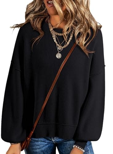 Dokotoo Oversized Sweaters for Women Crewneck Crop Ribbed Knit Tops Solid Color Patchwork Fall Winter Business Casual Pullover Sweater Trendy Black Large - Image 1