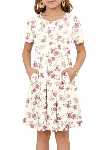 Girls Summer Short Sleeve Dress Kids Casual Crew Neck Pleated Loose A Line Swing Knee Length Cute Dress with Pockets Pink Rose S - Image 1