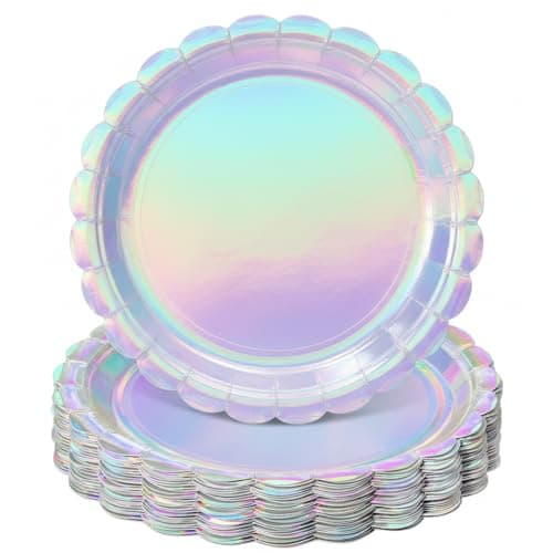 NatNarr 30 Pcs Iridescent Plates Disposable 9 Inch Scalloped Holographic Plates Sliver Birthday Cake Dessert Plate for Mermaid, Disco, Unicorn Birthday - Image 1