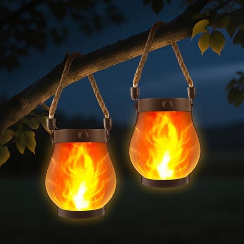 Solar Lanterns Outdoor Waterproof - 2 Pack Flickering Flame Hanging Lights with 2 Modes & Solar USB Dual Charging for Outside Yard Garden Patio Porch Pathway Tabletop Holiday Decor - Image 1