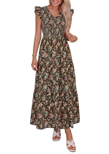 PRETTYGARDEN Women's Boho Floral Maxi Dress 2026 Summer Smocked V Neck Ruffle Sleeve Spring Flowy Beach Vacation Sundresses (Brown Pink Floral,Small) - Image 1