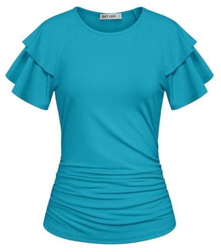 GRACE KARIN Summer Tops for Women Dressy Casual, Ruffle Short Sleeve Work Shirt, 2026 Spring Blouses Peacock Blue XX-Large - Image 1