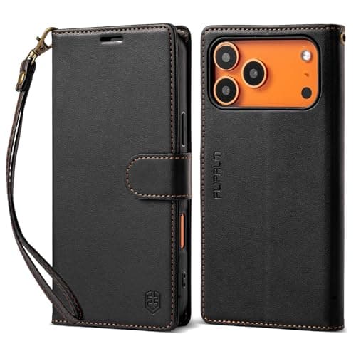 FLIPALM Wallet Case for iPhone 17 Series with Wrist Strap - PU Leather Folio Flip with Credit Card Holder & Kickstand, Protective Cover (Black, for iPhone 17 Pro) - Image 1