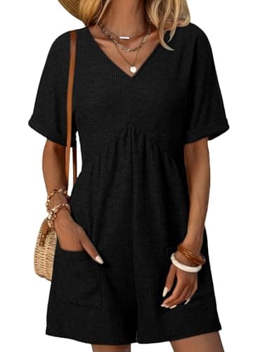 AlvaQ Summer Rompers for Women Casual Jumpsuit Loose High Waist Batwing Sleeve V Neck Back Zipper Shorts Vacation Y2K Clothes Black Small - Image 1