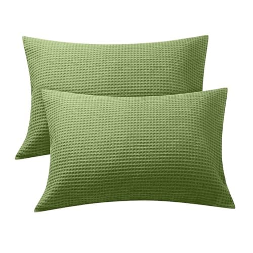 Queen Size Pillowcase 2-Piece Set, 100% Cotton Waffle Pillowcase with Envelope Closure, Soft and Breathable, 20x30 in (Olive Green) - Image 1