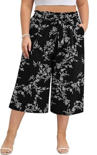 Lastshe Plus Size Capri for Women High Waist Cropped Pants Casual Drawstring Loose Flowy Palazzo Wide Leg Lounge Trousers with Pockets,Black DB Flower,3X - Image 1