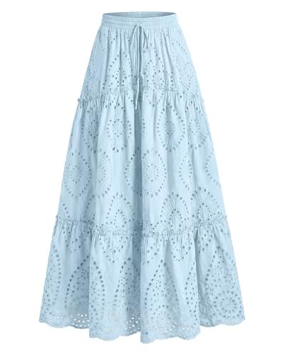 BTFBM Boho Long Skirts for Women Spring Summer 2026 Lace Embroidery High Waist Flowy Tiered Maxi Skirt Beach Vacation(Light Blue, X-Large) - Image 1