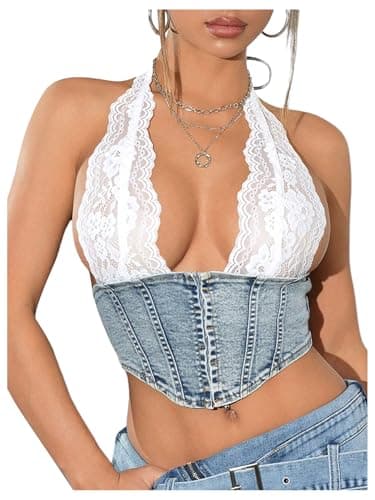 MakeMeChic Women's Denim Halter Top Floral Lace Jean Corset Concert Open Back Sleeveless Y2k Tank Crop Tops Medium Wash XX-Small - Image 1