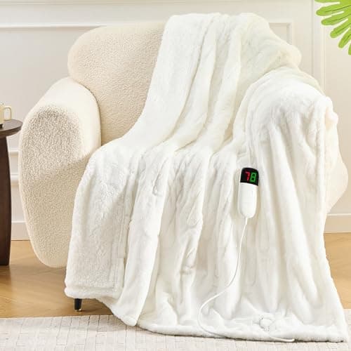 greenoak Heated Electric Blanket Throw, Faux Fur Sherpa Heating Blanket for Sofa Bed, Warm Winter Gifts for Women/Men, Heater Lap Blankets 5-Position Timer &10 Heating Levels 50''*60" Whtie - Image 1