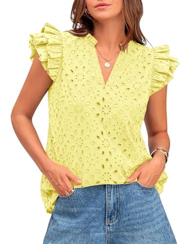 BTFBM Spring Summer Tops for Women 2026 Dressy Casual V Neck Ruffle Cap Sleeve Embroidered Eyelet Blouses Resort Wear(Yellow, Large) - Image 1