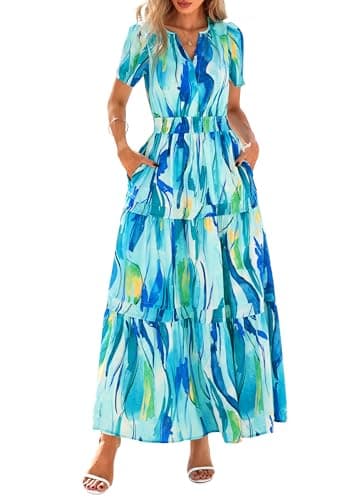 PRETTYGARDEN Women's 2026 Summer Boho Maxi Dresses Floral Short Sleeve V Neck A Line Tiered Flowy Long Beach Vacation Dress (Blue,Large) - Image 1